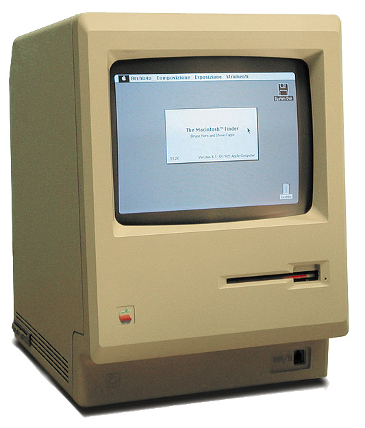 A Macintosh 128K computer on a transparent background